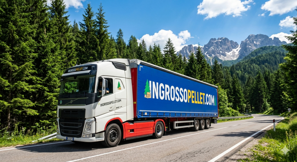 Camion bilico per il trasporto e la consegna di pellet industriale all'ingrosso